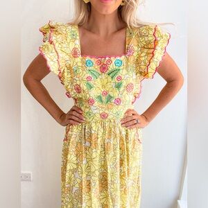 CeliaB Yellow Floral Embroidered Midi Dress with Pink Trim